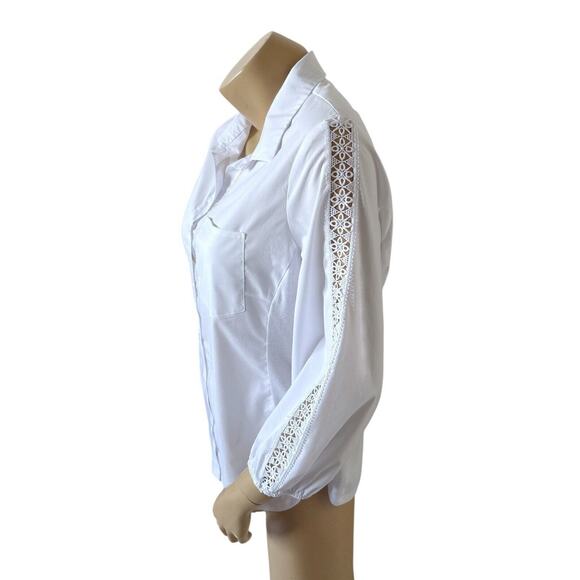 Zac & Rachel Womens Large White Button Up Shirt Crochet Sleeve Collared Blouse - Picture 2 of 9